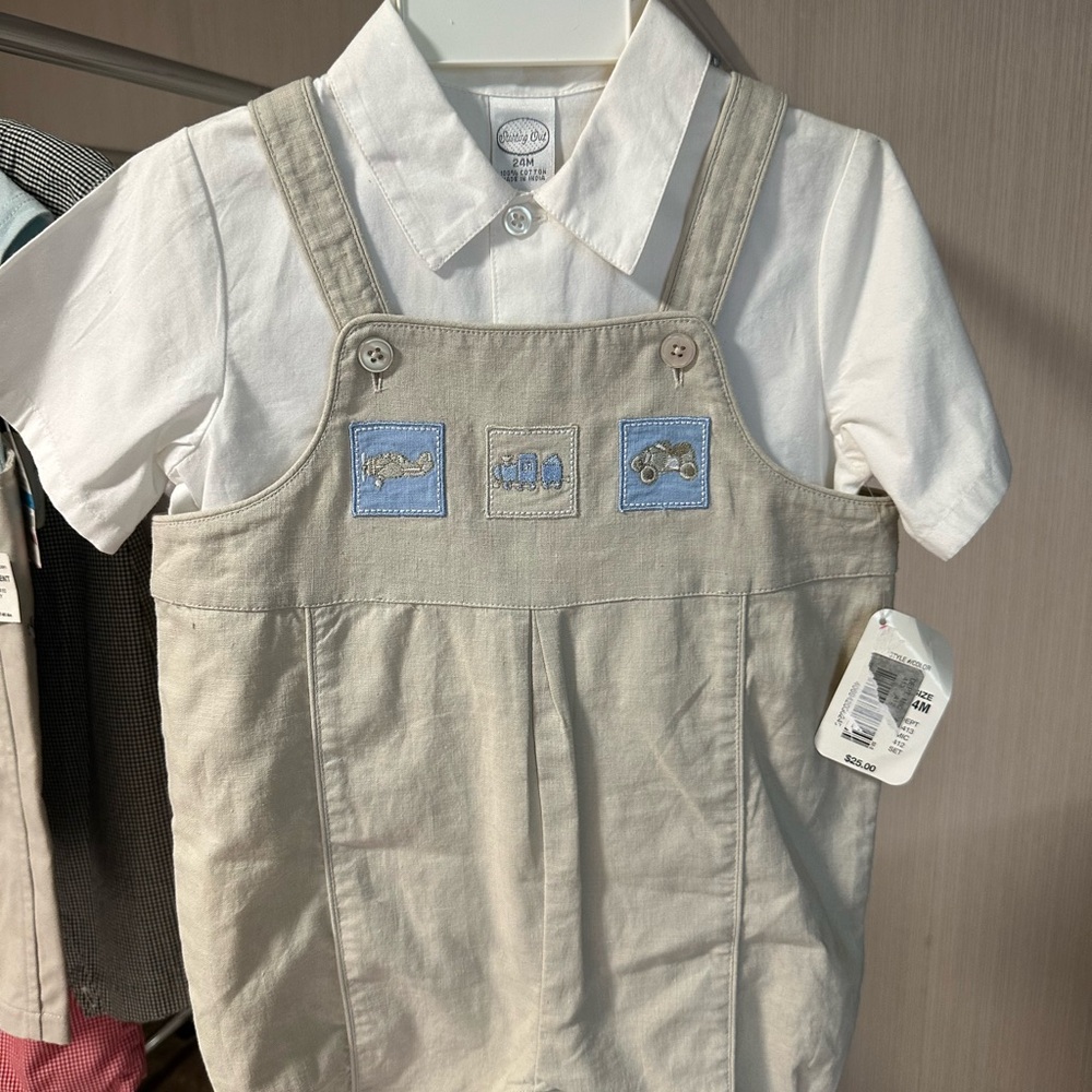 First Impressions Tan and White Overall Set with Classic Design